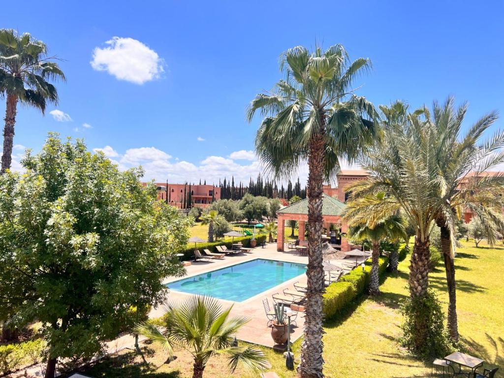 an overhead view of a swimming pool with palm trees at Riad Mhidou Marrakech in Marrakesh