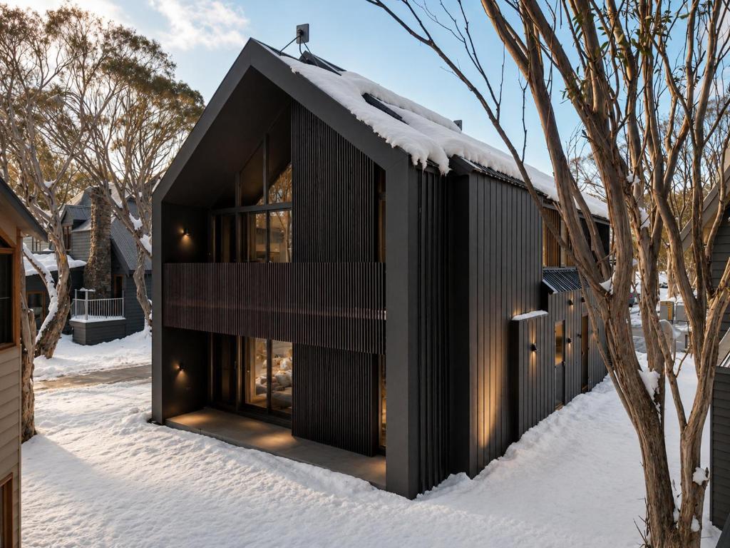 a black house in the snow at Black Sheep alpine getaways in Dinner Plain