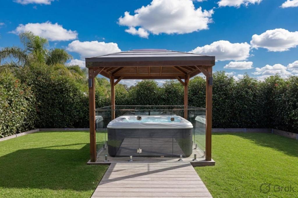 a gazebo with a hot tub in a yard at Island Luxe Retreat Cowes in Cowes