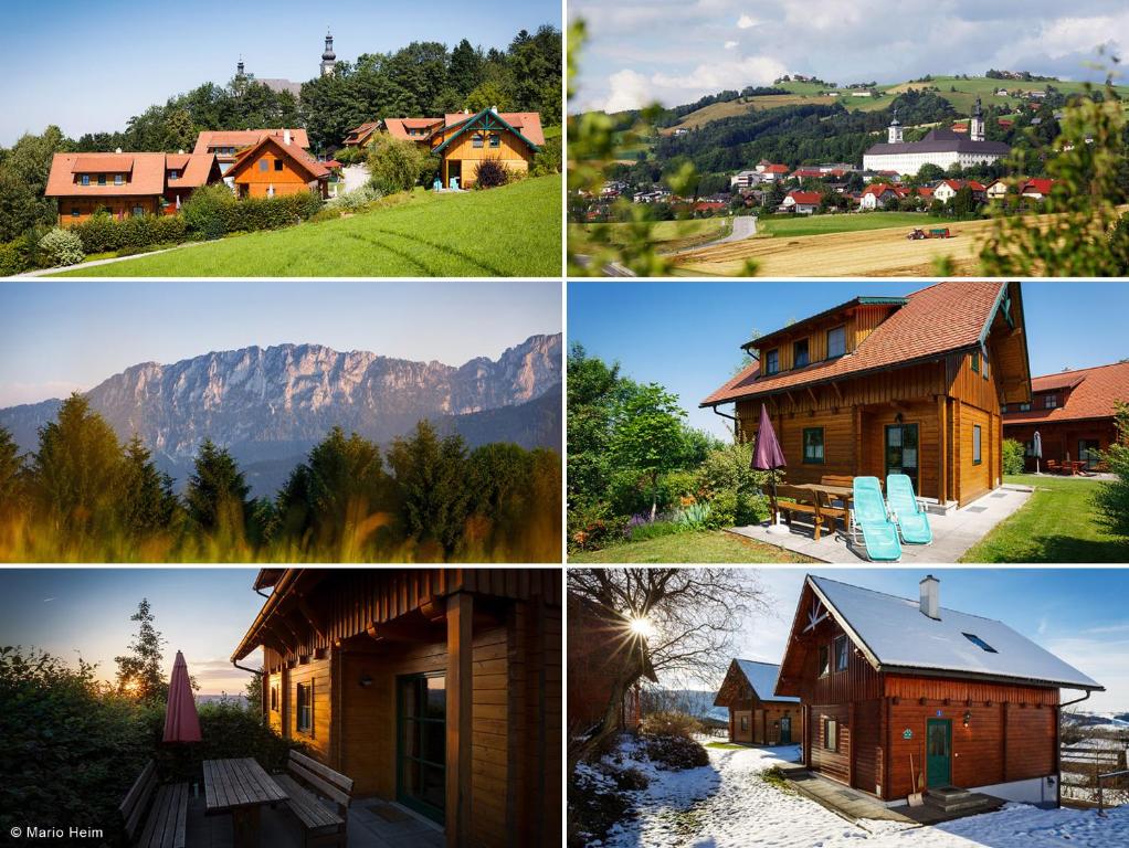 vier verschiedene Bilder von Häusern und einem Berg in der Unterkunft Haus Helene im Öko-Feriendorf in Schlierbach