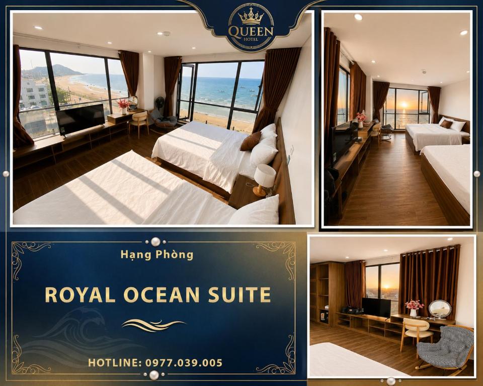 a collage of four pictures of a royal ocean suite at Queen Hotel Thiên Cầm in Nhượng Bạn
