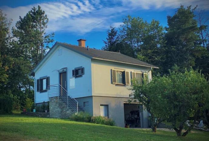 a blue and white house with a yard at Haus am Waldrand in Göttschach