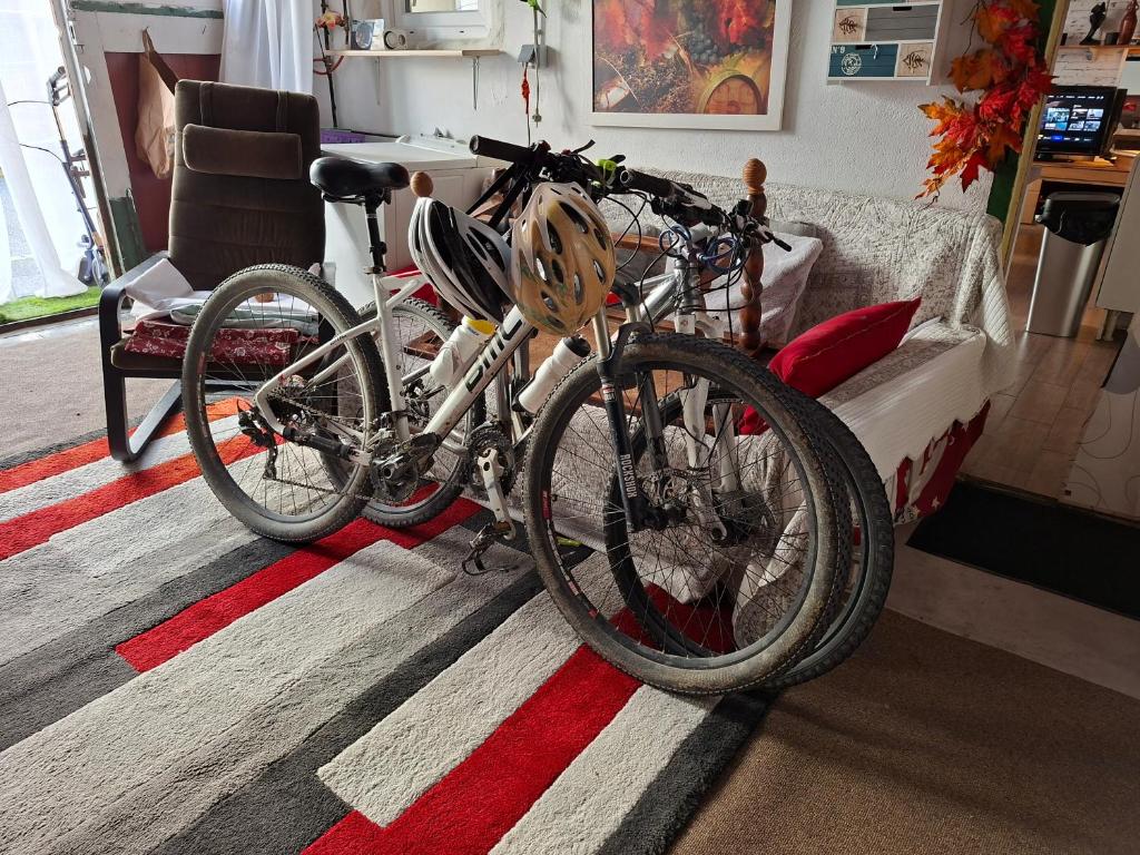 two bikes parked next to a bed in a room at Valou 136 in Cuxac-dʼAude