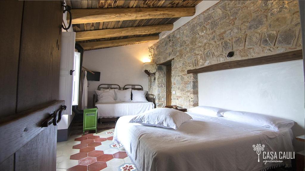um quarto com 2 camas e uma parede de pedra em CASA CAULI agriturismo em Arenabianca