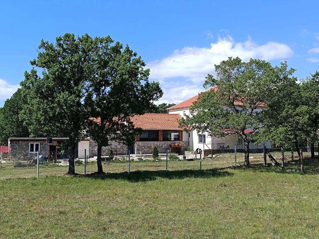 a house with two trees in front of a yard at MORLAK - Guest House - Restaurant - Gated parking in Polača