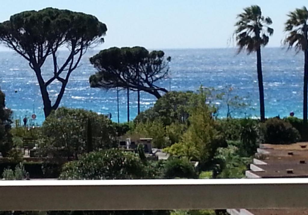 a view of the ocean from a park with palm trees at Sea Side apartment in Cannes