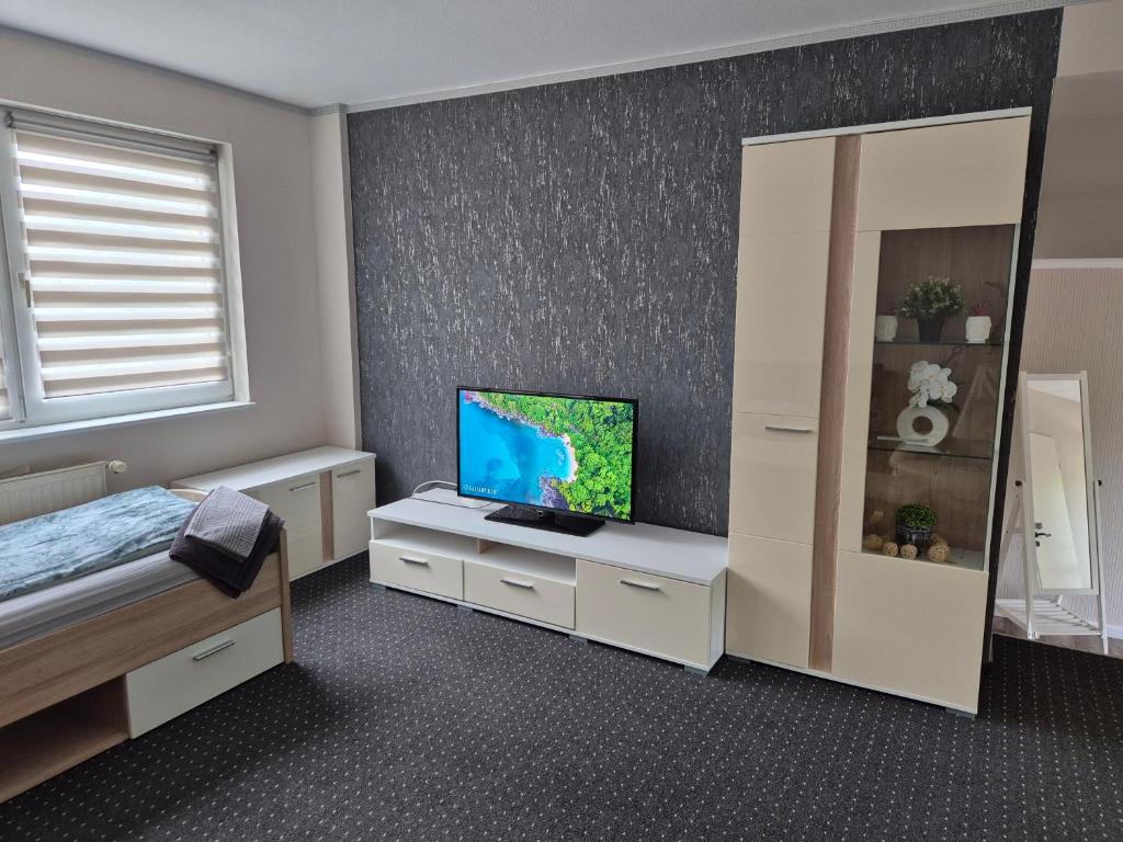 a bedroom with a bed and a flat screen tv at Ferienwohnung/Apartment Siegen in Siegen