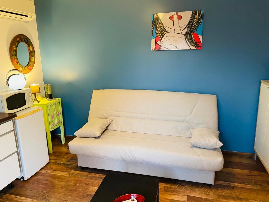 a living room with a white couch and a blue wall at Studio Cosy in Saint-Juéry