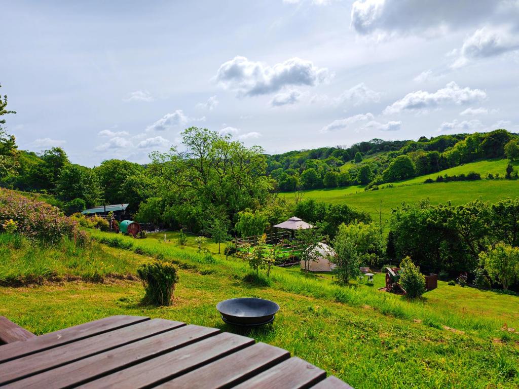 a view of a field with a table and a grill at The Shire Glamping in Kearsney