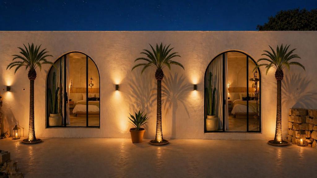 a building with three palm trees in front of mirrors at Coco Canel in Saly Portudal