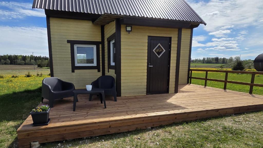 a tiny house with two chairs and a table on a deck at Peeduland Cabin in Kohatu