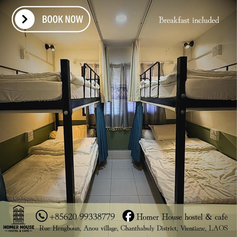 two bunk beds in a hostel with a sign that reads book now at Homer House Hostel & Café in Vientiane