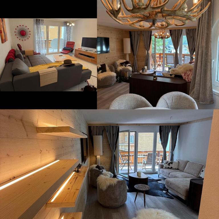 a living room with a couch and a room with a chandelier at Residence Chateau in Saas-Fee