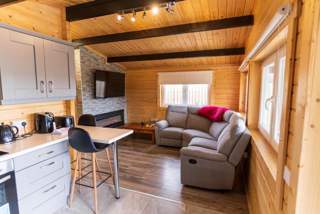 a kitchen and living room in a tiny house at Wildwood Haven - Killorglin in Killorglin
