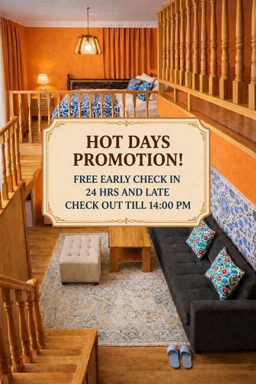 a sign that says hot days promotion in a hotel room at Chorminor 1 min to Bukhara Old Town GET EARLY CHECK IN AND LATE CHECK OUT in Bukhara