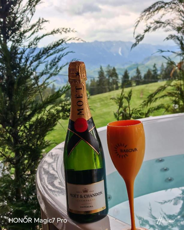 a bottle of champagne sitting on a table next to a wine glass at Virajlux in Dâmbovicioara