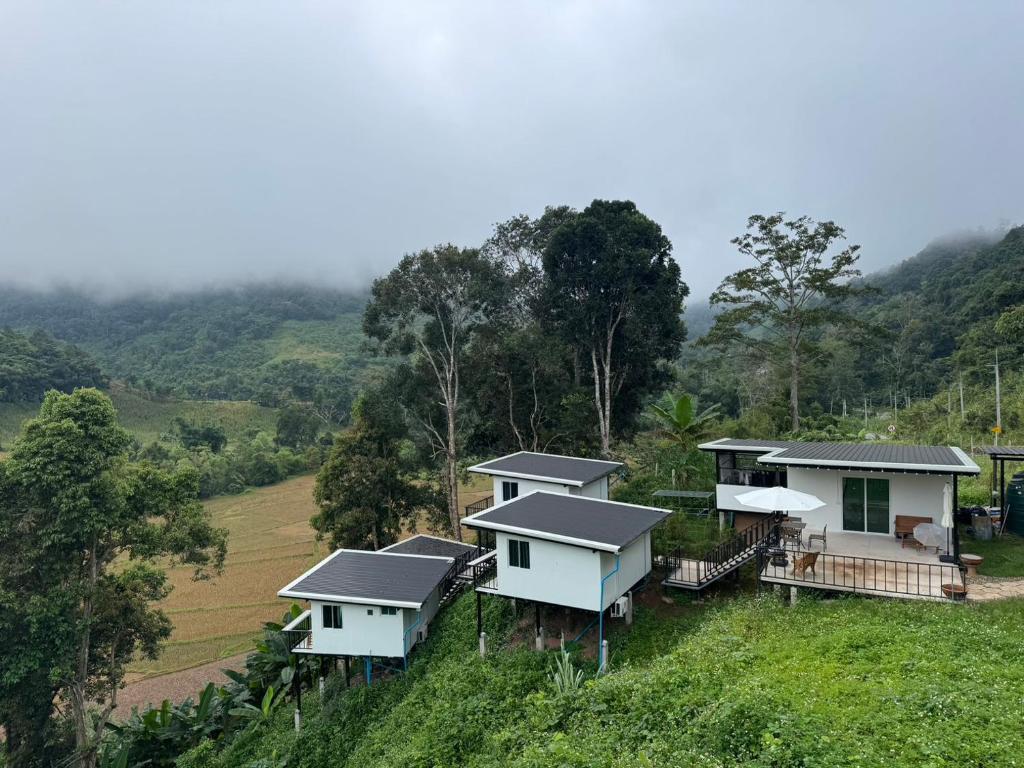 a group of cottages on a hill in a field at เหนือสะปัน in Ban Huai Ti