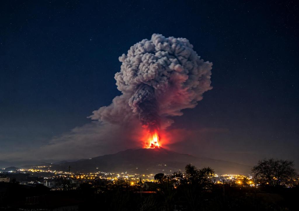 a large fire on top of a mountain at night at Reale Mountain View in Mascalucia