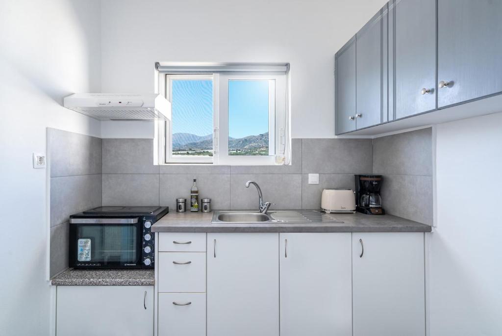 a kitchen with white cabinets and a sink and a microwave at Anthia studio in Koutsourás