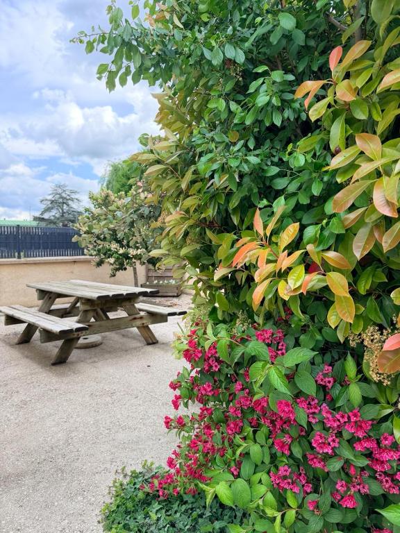a picnic table and a bush with pink flowers at La Petite Maison in Montbard