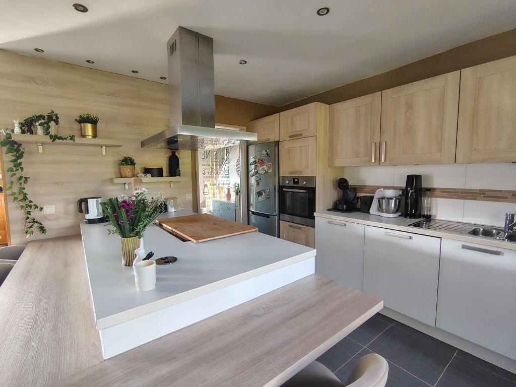 a kitchen with wooden cabinets and a white counter top at La clé des champs chambre d'hôtes in Theux