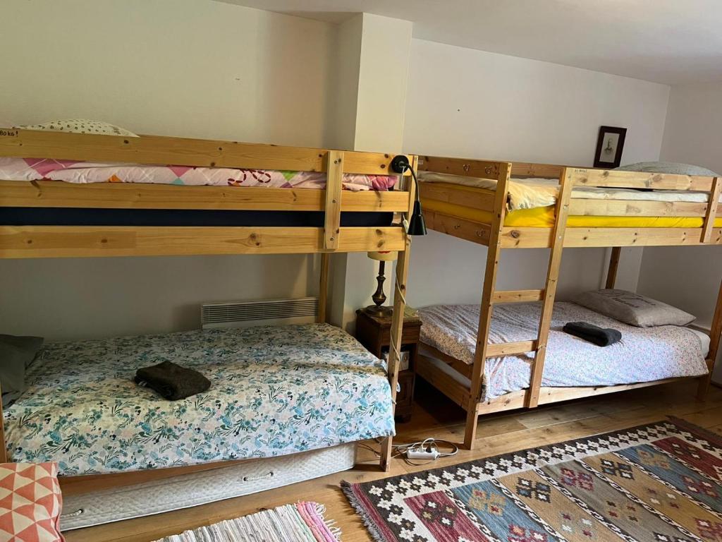 a bedroom with two bunk beds and a rug at labalade chambre pelerin in Marsac