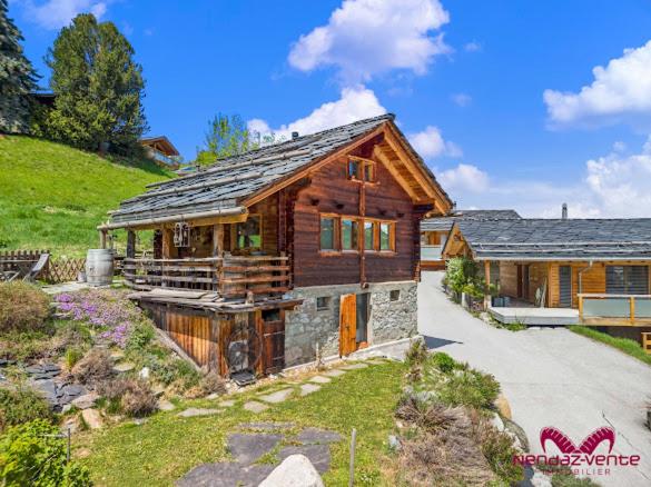 a large wooden house with a driveway in front of it at Charmant chalet authentique de montagne Bleusy- Nendaz idéal couple et famille in Saclentse
