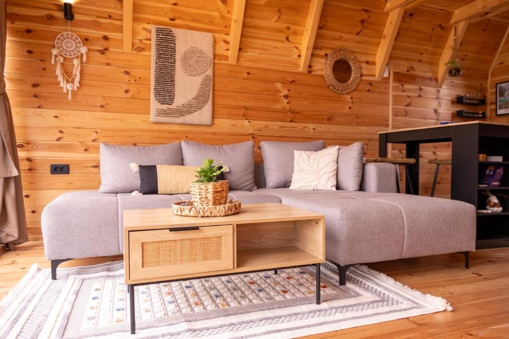 a living room with a couch and a table at Hedwig cottages 2 in Žabljak