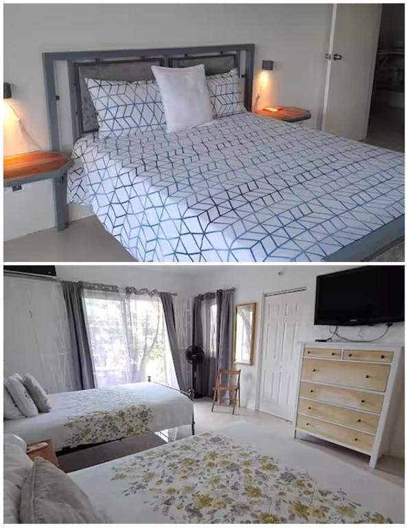 two pictures of a bedroom with a bed and a television at By The Bay 2plus2 in Oracabessa
