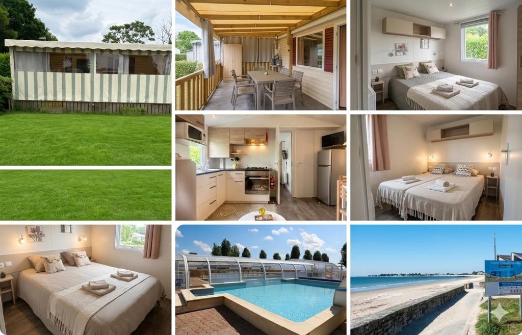 a collage of photos with beds and a pool at Le Cocon d'Ambon in Ambon