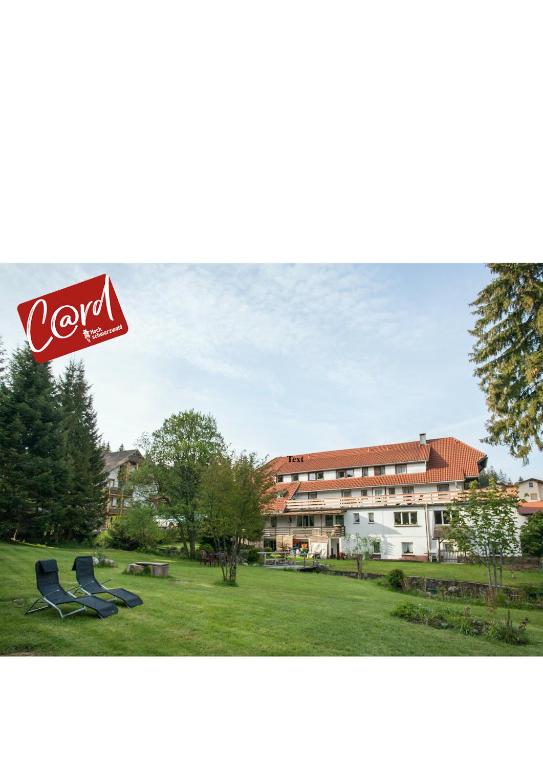 two blue chairs in a park in front of a building at Pension Tannenheim in Schluchsee