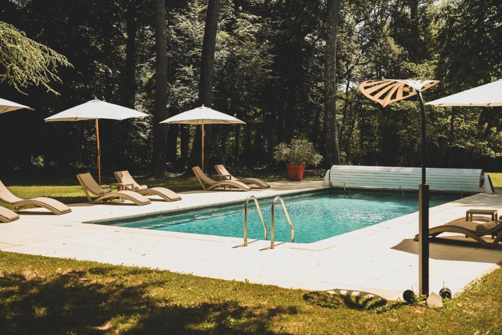 a swimming pool with chairs and umbrellas at Château de Maraval in Cénac-et-Saint-Julien