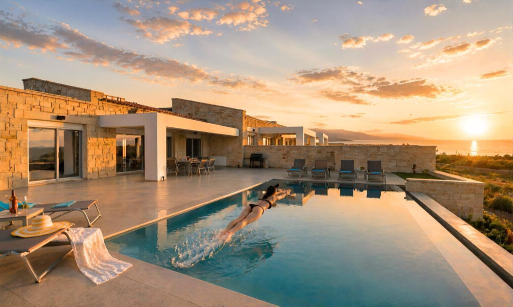 a woman jumping into a swimming pool on a house at Marea Villas Heated Pool in Dhrámia