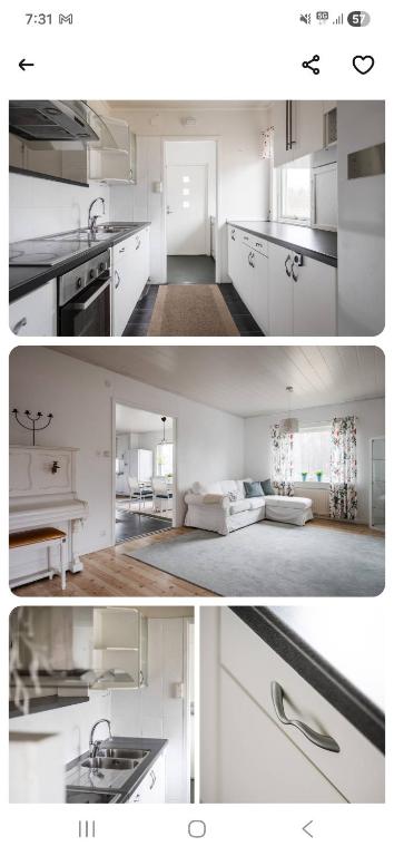 zwei Bilder einer weißen Küche mit Spüle in der Unterkunft Hok Gård in Hok