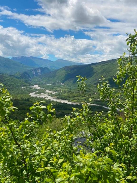 a view of a valley from a hill with trees at Mta House Racha in K'veda Shavra