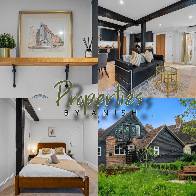 a collage of photos of a bedroom and a house at Modern & Historic Mill Flat with Stream Views in Godalming