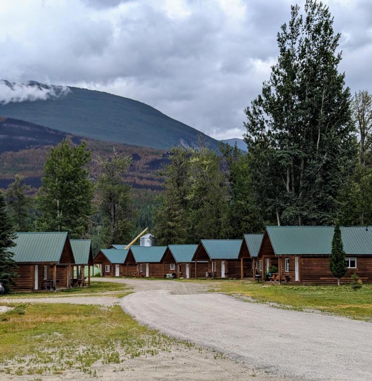 a row of log cabins with a mountain in the background at NV Mountainview Chalets & RV Resort in McBride