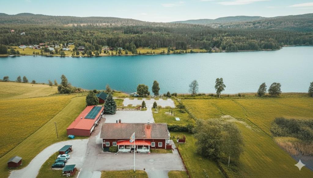 an aerial view of a barn and a lake at Tängerdalens camping och café in Övertänger
