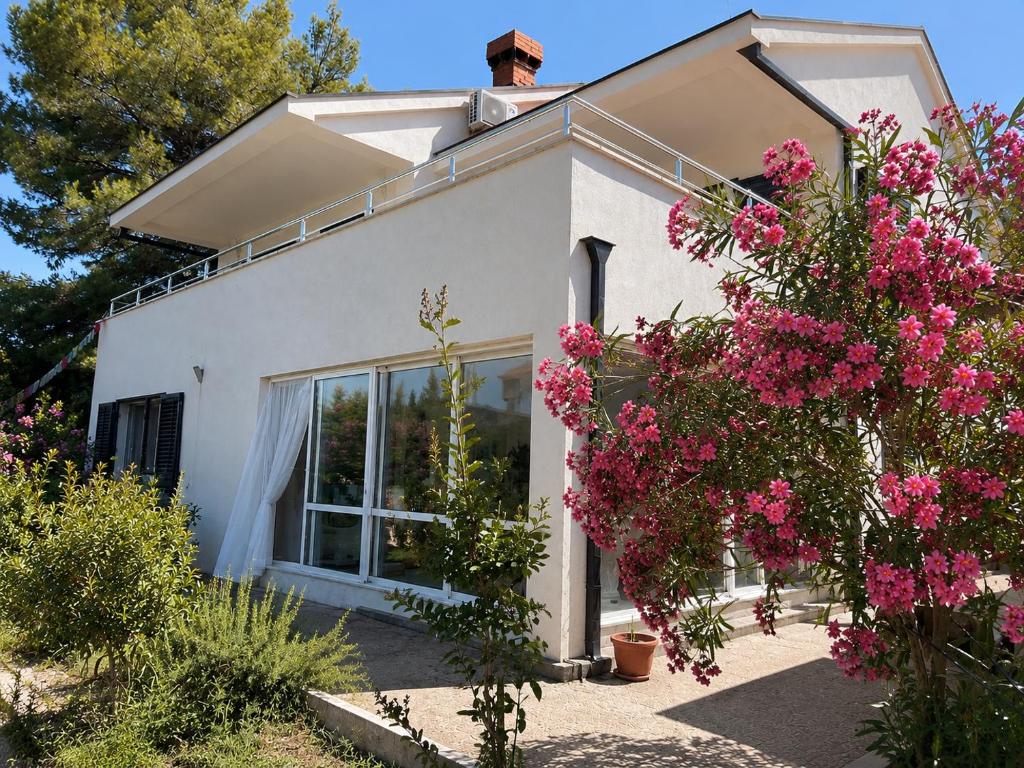 a white house with pink flowers in front of it at Koko's home in Ston