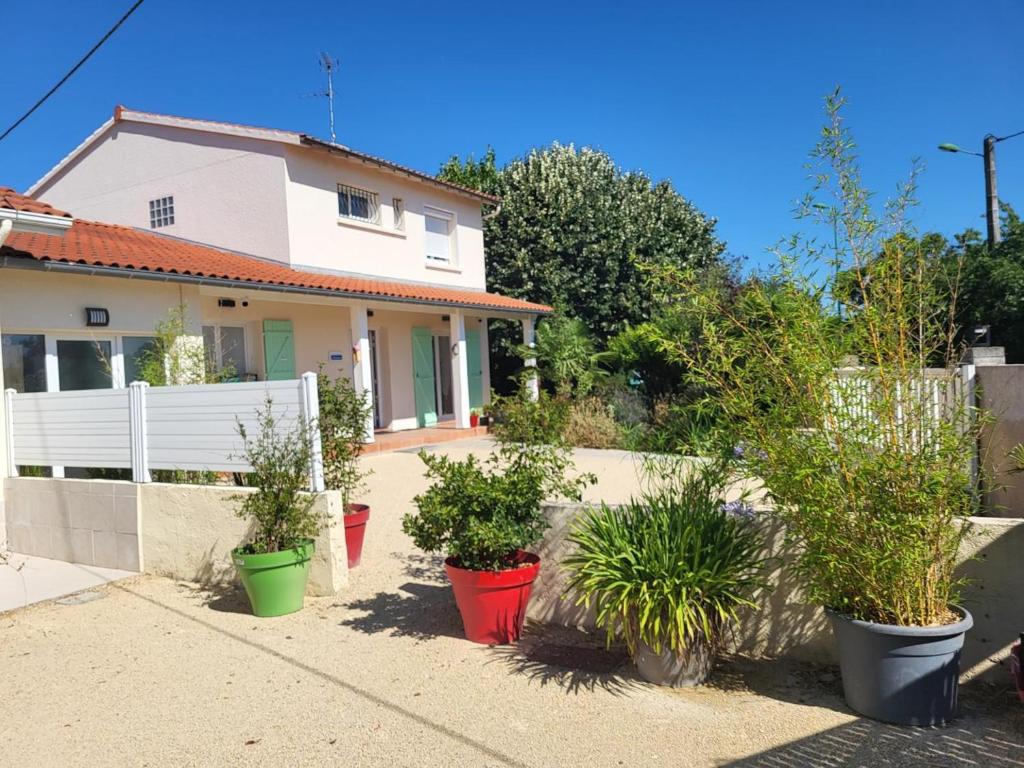 a house with potted plants in front of a fence at Maison venitia t5 in Aussonne