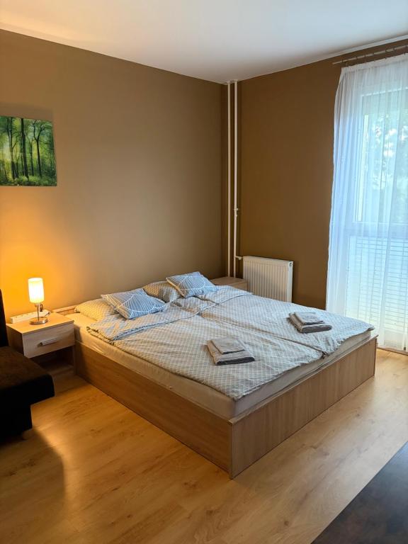 a bedroom with a bed and a large window at Casa Victoria in Pécs