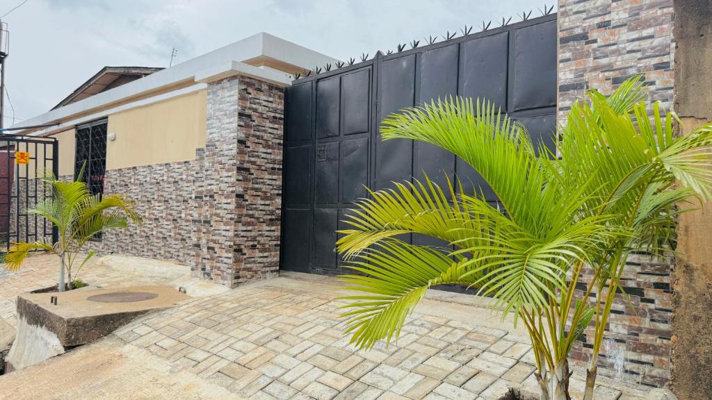 a black garage door with a palm tree in front of it at Abi's Place Benin in Benin City