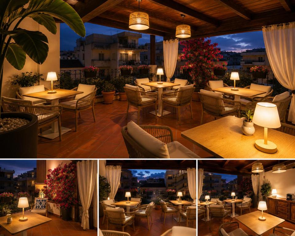 two pictures of a restaurant with tables and chairs at B&B La Bouganville in Alghero
