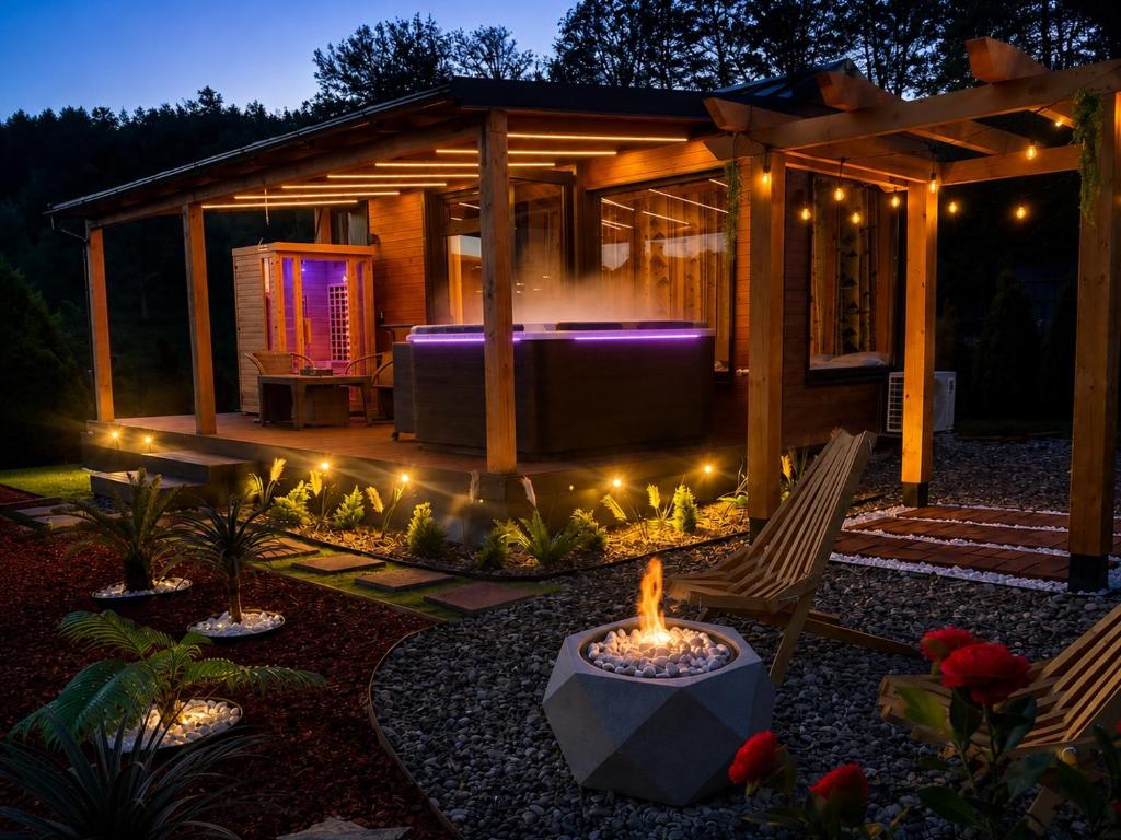 a house with a couch in the backyard at night at Sarajevo jacuzzi sauna Forest romance lodge in Sarajevo