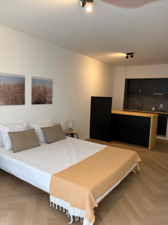 a bedroom with a large white bed in a room at Bérylune Centrum in Ostend