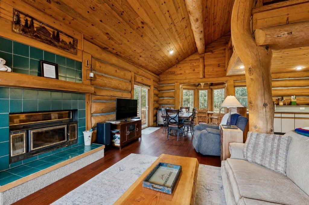 a living room with a fireplace in a log cabin at Pinedale Cabin in McCall
