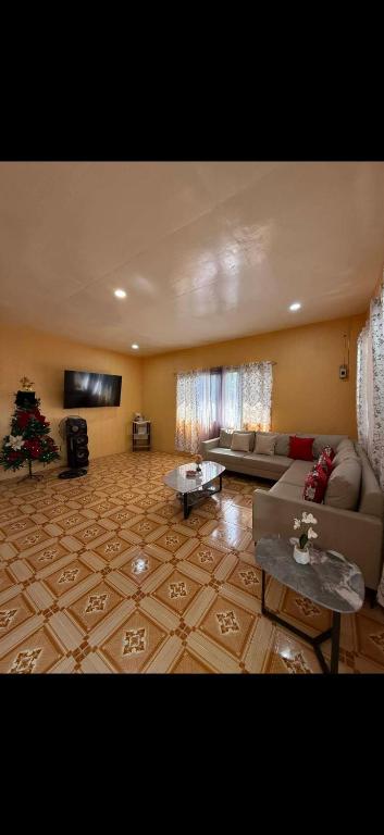 a living room with a couch and a christmas tree at Dorz Inn in Basdiot