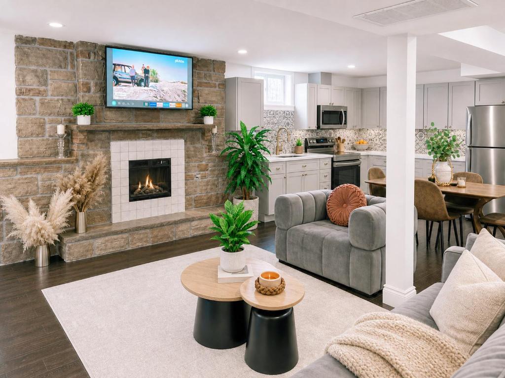 a living room with a couch and a fireplace at Chic & Spacious 2BR Home Near Yonge St in Newmarket