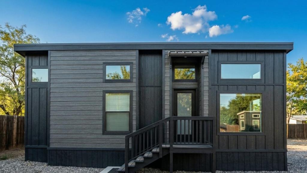 Una pequeña casa con un exterior negro en TH25 Red Rock Modern Tiny Home - 15 min to Sedona, en Cottonwood