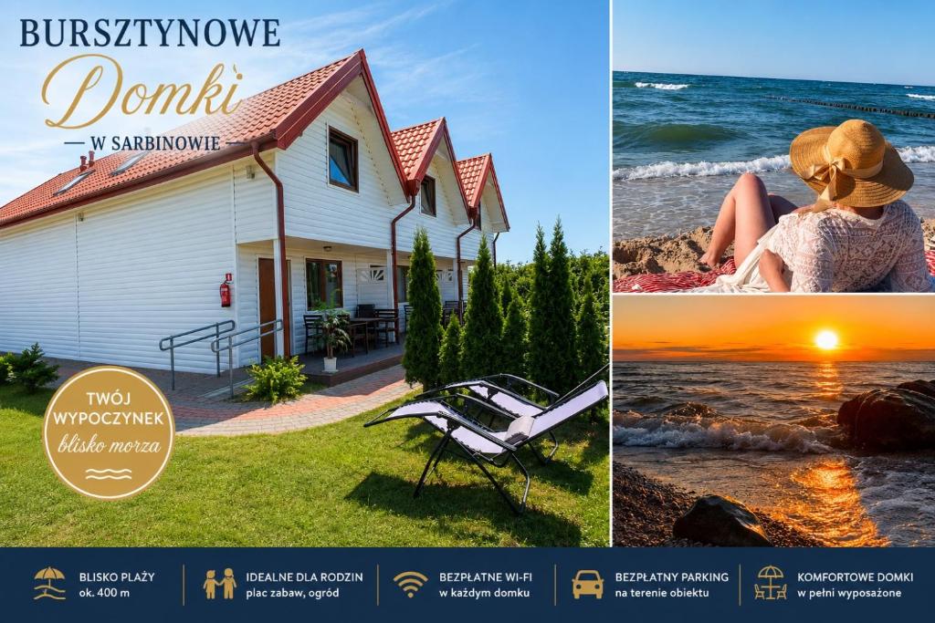a collage of photos of a house and the ocean at Bursztynowe Domki in Sarbinowo
